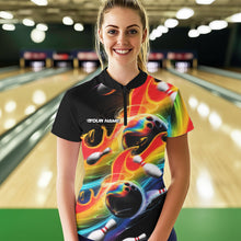 Load image into Gallery viewer, Custom Rainbow Flame Bowling Team Women Quarter-Zip Shirts, Colorful Bowling League Shirt IPHW8786