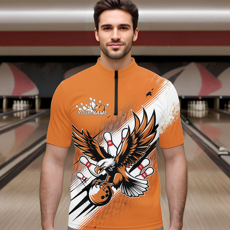Custom Orange Eagle Bowling Jerseys, Eagle Bowling Men Quarter-Zip Shirts Team Bowlers Uniform IPHW8787