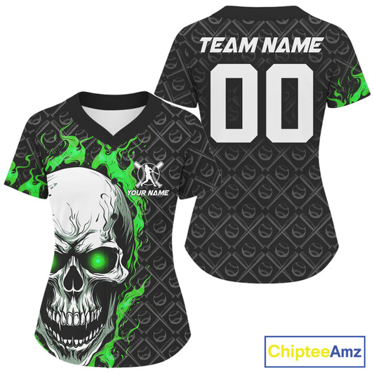 Custom Green Flame Skull Baseball Women Jerseys, Baseball Team Uniform Halloween Outfit IPHW9587