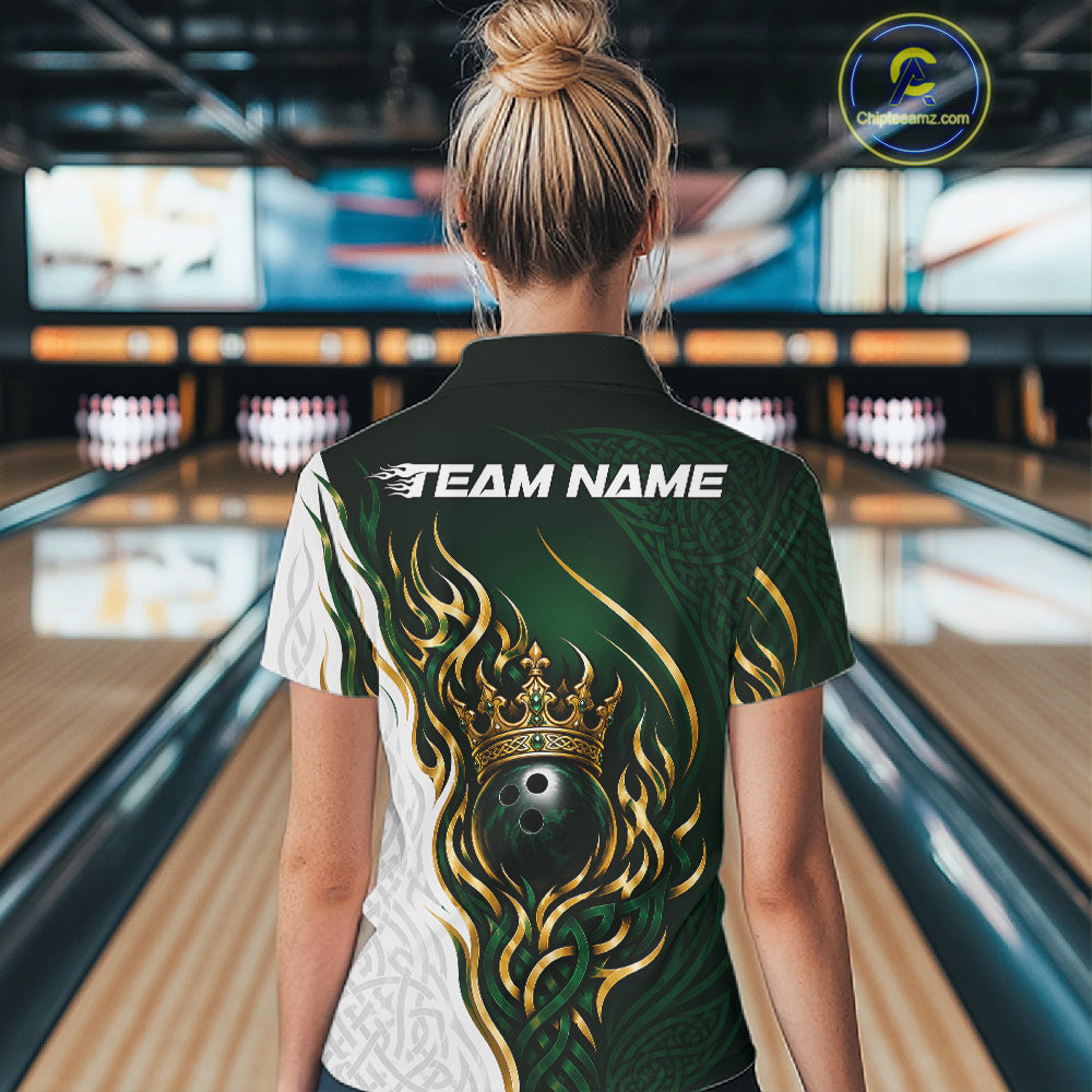 Custom Green Irish Tribal Pattern Bowling Ball With Crown Women Quarter-Zip Team Shirt IPHW11697