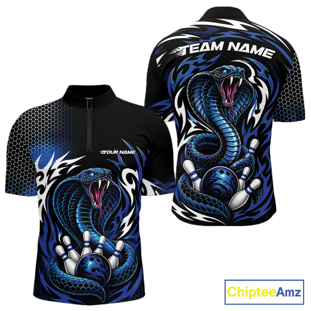 Custom Black And Blue Tribal Cobra Snake Bowling Jerseys Bowling Men Quarter Zip Shirt IPHW11711