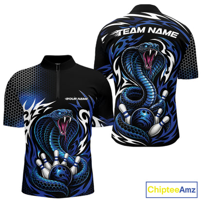 Custom Black And Blue Tribal Cobra Snake Bowling Jerseys Bowling Men Quarter Zip Shirt IPHW11711