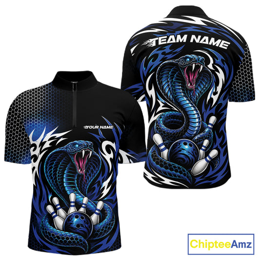 Custom Black And Blue Tribal Cobra Snake Bowling Jerseys Bowling Men Quarter Zip Shirt IPHW11711