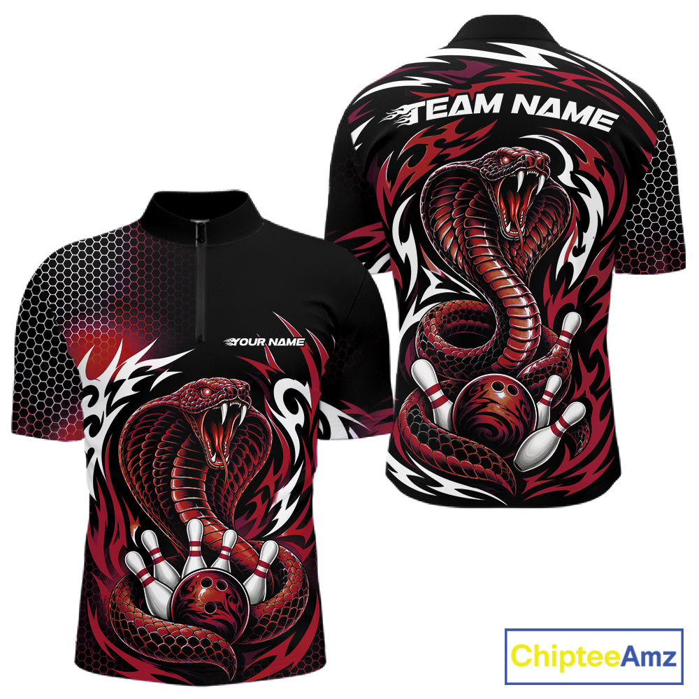 Custom Black And Red Tribal Cobra Snake Bowling Jerseys Bowling Men Quarter Zip Shirt IPHW11713