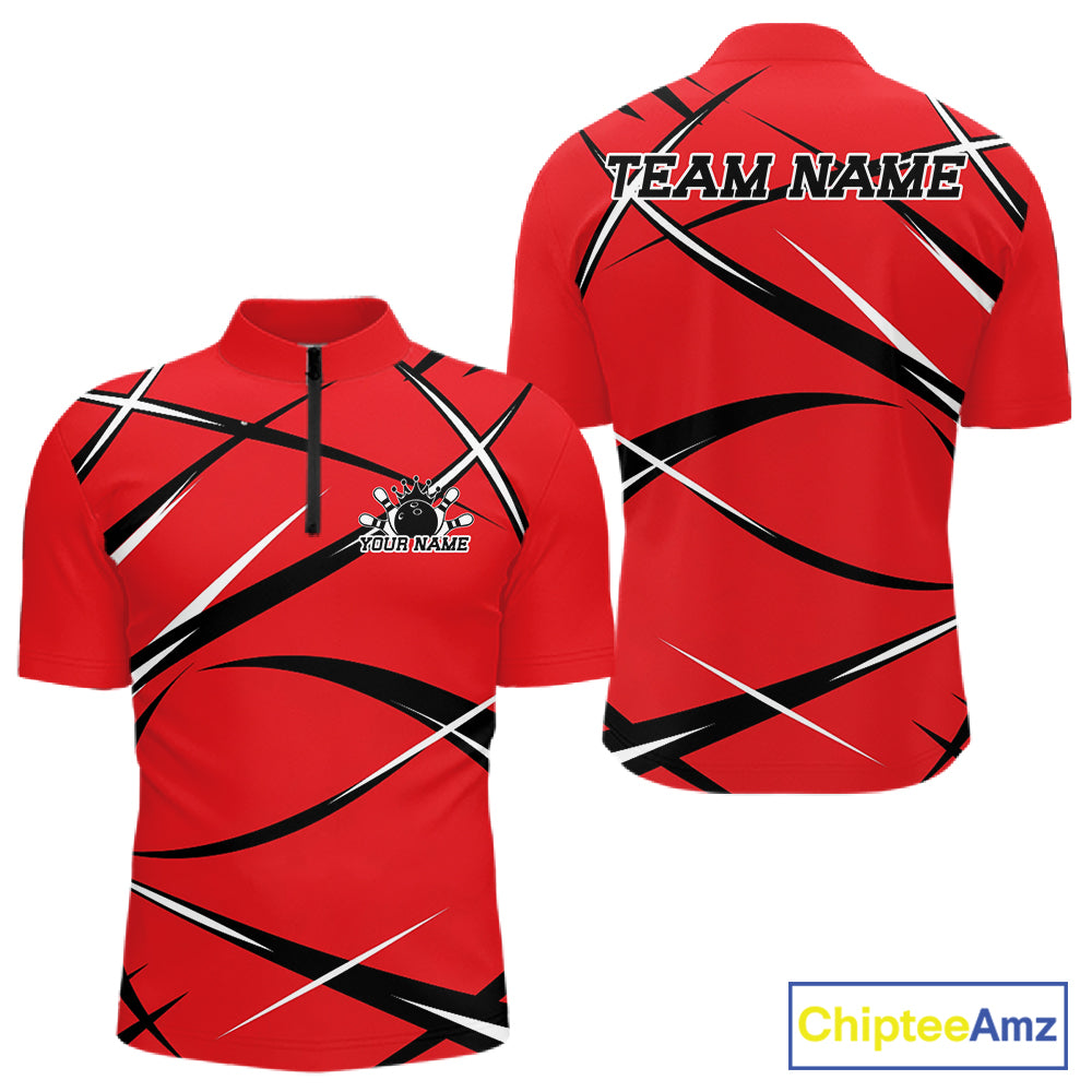 Front and back mockup of a men's quarter zip bowling shirt in red, black, and white with a custom name.
