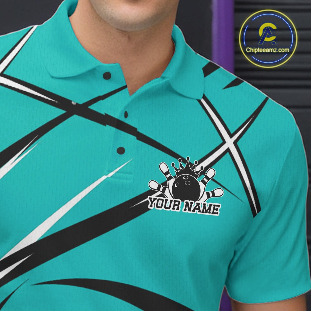 Close-up of the left chest area on a bowling polo shirt featuring a turquoise blue, black, and white athletic jersey pattern