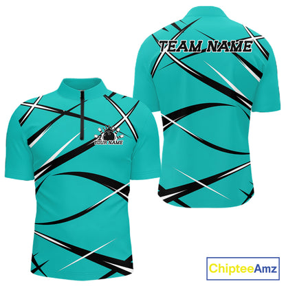 Front and back view of a men s bowling quarter zip shirt mockup featuring a turquoise blue, black, and white athletic bowling jersey pattern
