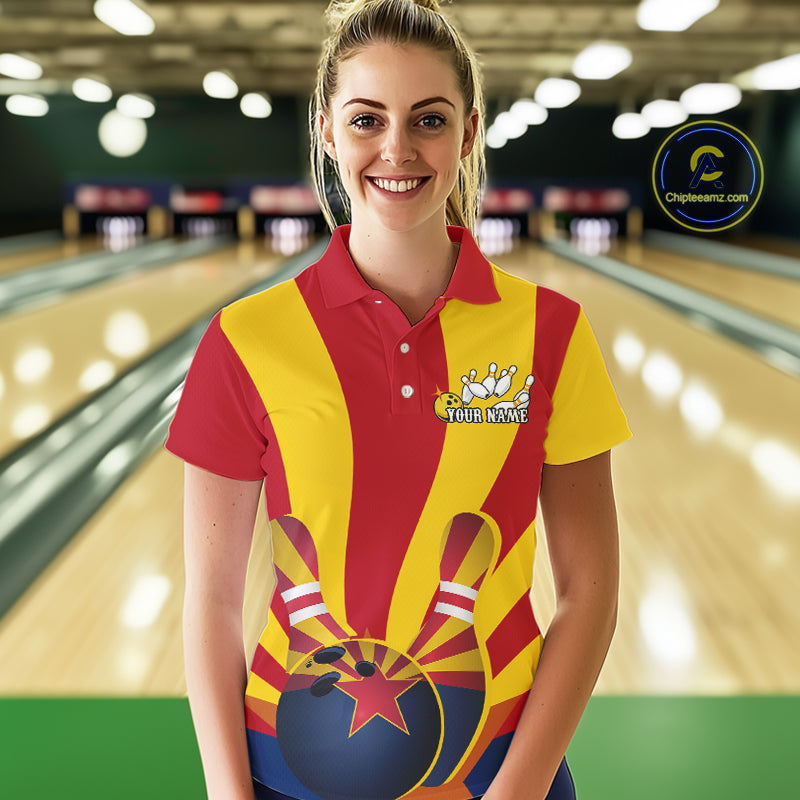 Custom Arizona State Flag Bowling Team Polo Shirts For Women, Bowling League Shirt IPHW9266