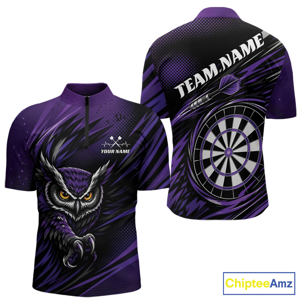 Custom Purple Owl Darts Men Quarter Zip Shirts, Dart Flights Darts League Shirt IPHW11732