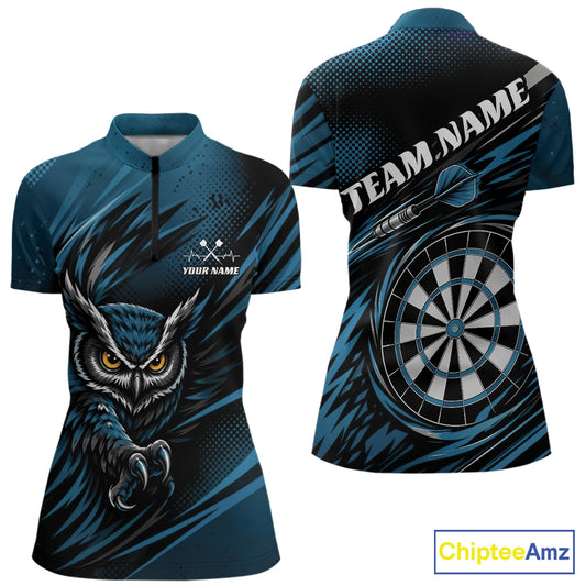 Custom Blue Owl Darts Women Quarter-Zip Shirts, Dart Flights Darts League Shirt IPHW11733