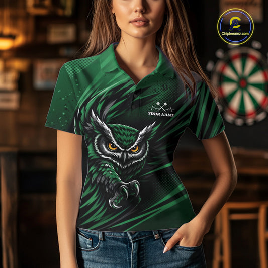Custom Green Owl Darts Women Polo Shirts, Dart Flights Darts League Shirt IPHW11734