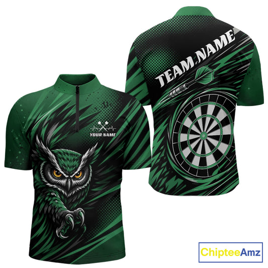 Custom Green Owl Darts Men Quarter Zip Shirts, Dart Flights Darts League Shirt IPHW11734