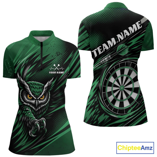 Custom Green Owl Darts Women Quarter-Zip Shirts, Dart Flights Darts League Shirt IPHW11734