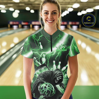 Custom Green Lightning Grim Reaper Bowling Women Quarter-Zip Shirt, Halloween Outfit IPHW9800
