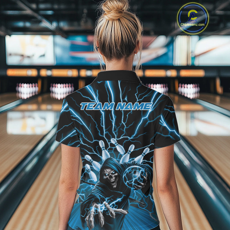 Custom Black And Blue Lightning Grim Reaper Bowling Women Polo Shirt, Halloween Outfit IPHW9804