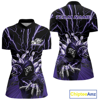 Custom Purple Lightning Grim Reaper Bowling Women Quarter-Zip Shirt, Halloween Outfit IPHW9805