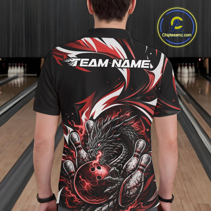 Custom Red Lightning Dragon Bowling Men Polo Shirts, Dragon Bowling League Shirt IPHW10356