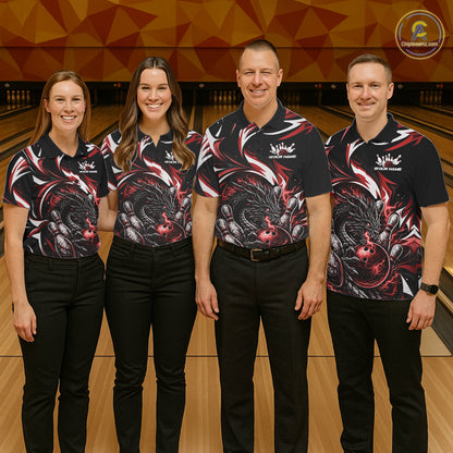 Custom Red Lightning Dragon Bowling Men Polo Shirts, Dragon Bowling League Shirt IPHW10356