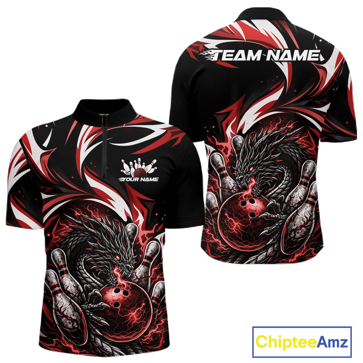 Custom Red Lightning Dragon Bowling Men Quarter-Zip Shirts, Dragon Bowling League Shirt IPHW10356