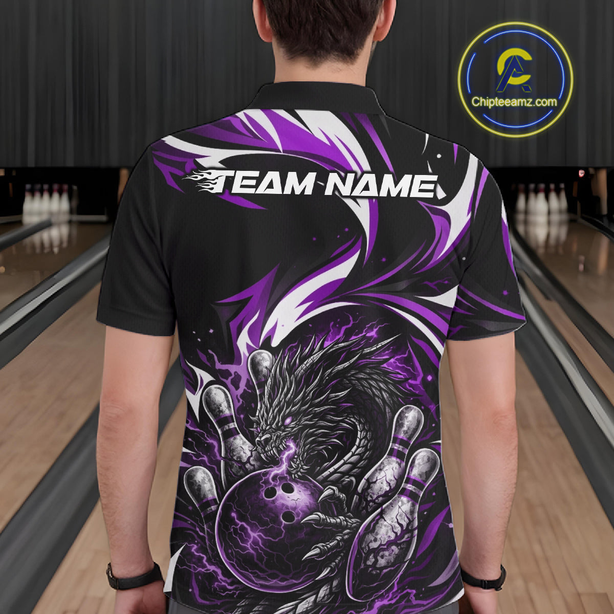 Custom Purple Lightning Dragon Bowling Men Polo Shirts, Dragon Bowling League Shirt IPHW10358