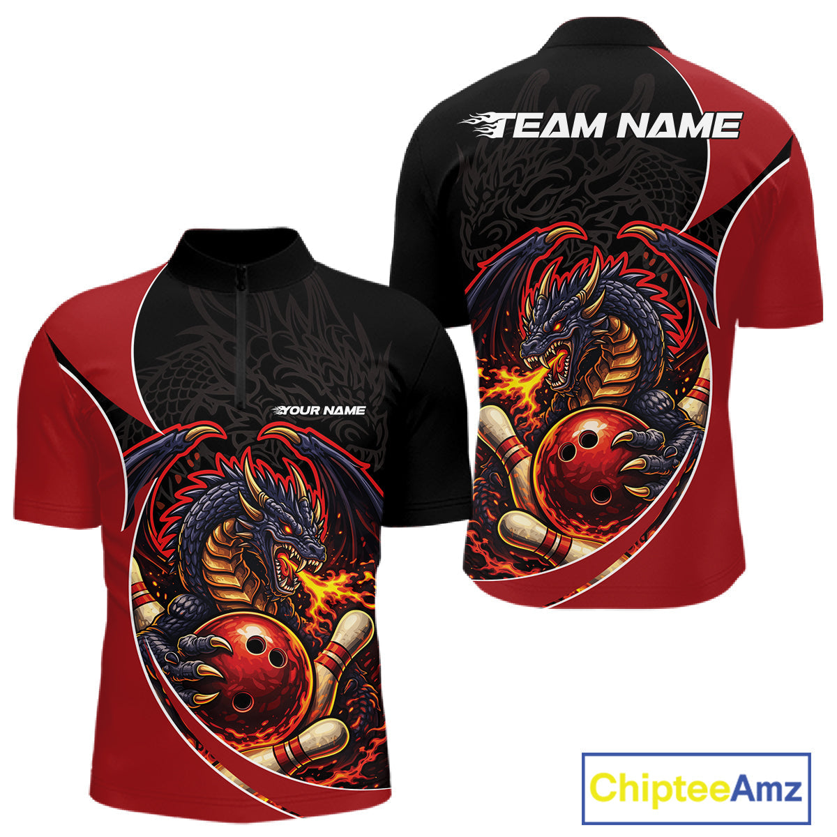 Custom Black And Red Fire Dragon Bowling Jerseys, Dragon Bowling Team Men Quarter-Zip Shirt IPHW10365