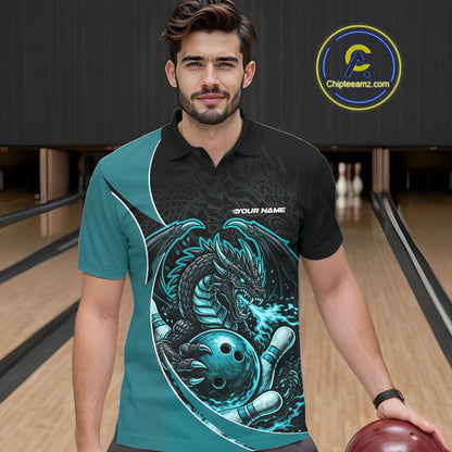 Custom Turquoise Blue Fire Dragon Bowling Jerseys, Dragon Bowling Team Men Polo Shirt IPHW10366