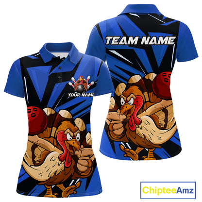 Custom Funny Turkey Bowling Shirts For Women, Blue Thanksgiving Bowling Shirt Team Uniform IPHW10678