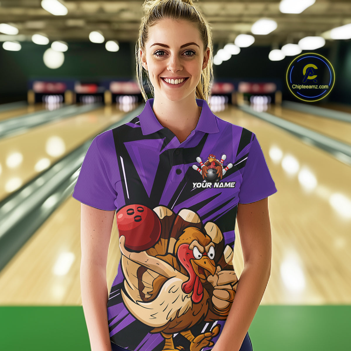 Custom Funny Turkey Bowling Shirts For Women, Purple Thanksgiving Bowling Shirt Team Uniform IPHW10679