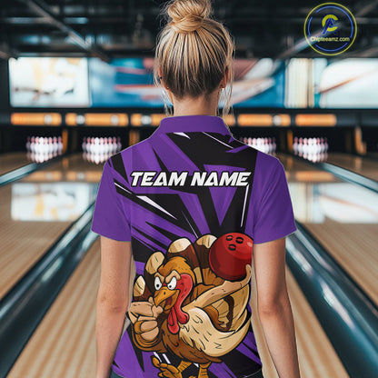 Custom Funny Turkey Bowling Shirts Women, Purple Thanksgiving Bowling Shirt Team Uniform IPHW10679