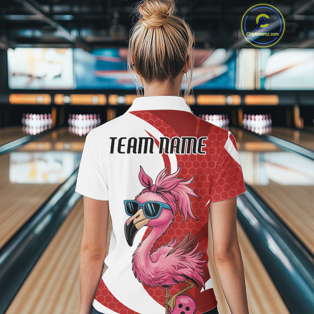 Custom Funny Red Flamingo Bowling Women Polo Shirt, Bowling League Bowlers Outfit IPHW10681