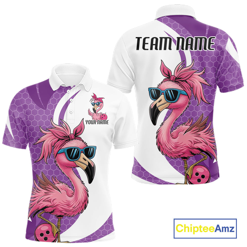Custom Funny Purple Flamingo Bowling Men Polo Shirt, Bowling League Bowlers Outfit IPHW10682