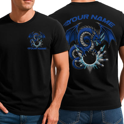 Custom Bowling T-Shirts For Men, Blue Dragon With Thunder Lightning Bowlers Outfit IPHW9075