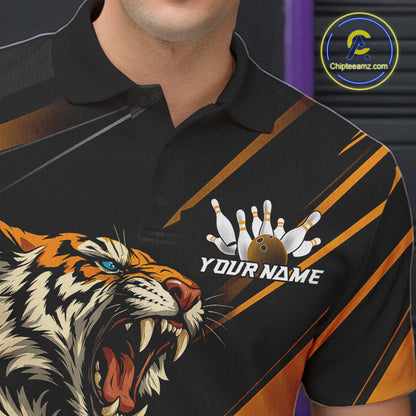Personalized Tiger Bowling Team Men Polo Shirts, Black And Yellow Tiger Bowling Jerseys IPHW9022