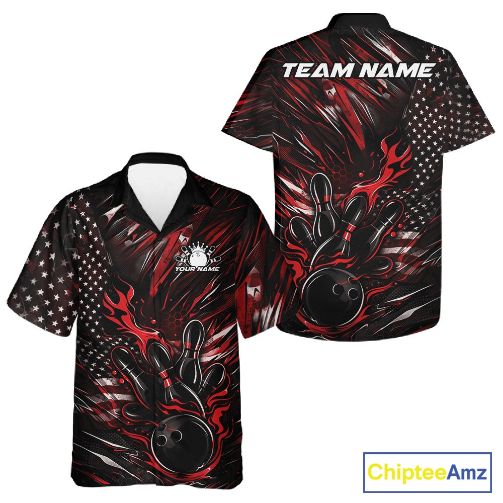Front and back display of a black and red button-up bowling shirt showcasing a fiery bowling action scene with patriotic accents.