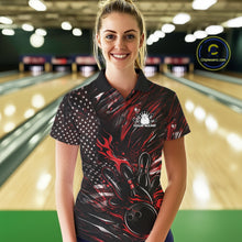 Load image into Gallery viewer, Custom Black And Red Patriotic Flame Bowling Jerseys, US Flag Bowling Shirt For Women IPHW11170