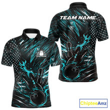 Load image into Gallery viewer, Custom Turquoise Blue Patriotic Flame Bowling Jerseys, US Flag Bowling Shirt For Men IPHW11171
