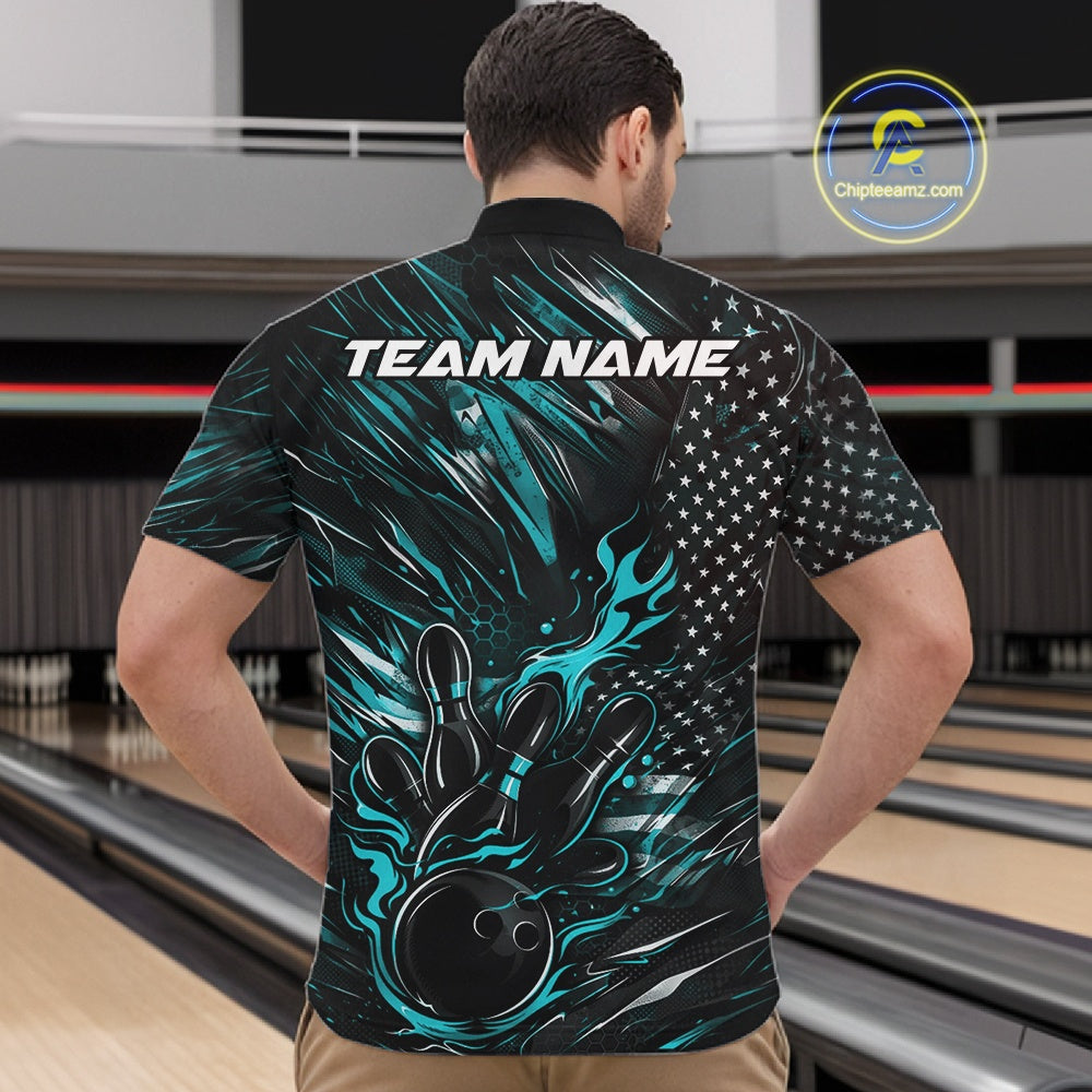 Front view of a male model in a bowling venue wearing a black and turquoise blue quarter-zip shirt featuring a flaming bowling ball and pin design.