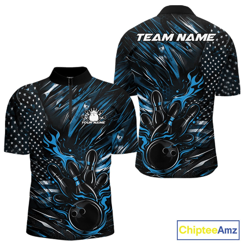 Front and back mockup of a black and blue men’s bowling quarter-zip shirt featuring a patriotic flaming bowling ball striking pins with American flag artwork.