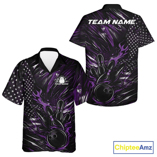 Front and back display of a black and purple button-up bowling shirt featuring a patriotic bowling strike motif with fiery accents.