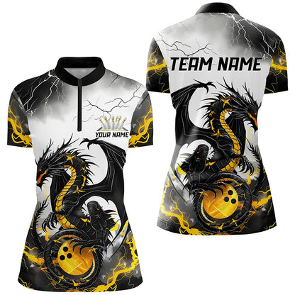 Black And Gold Thunder Lightning Custom Dragon Ladies Bowling Shirts, Bowling League Shirts IPHW7061