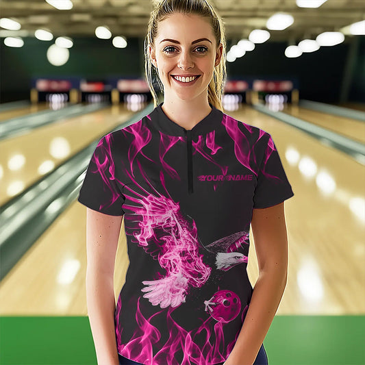 Custom Black And Pink Flame Eagle Bowling Women Quarter-Zip Shirts, Bowling League Shirt IPHW8791