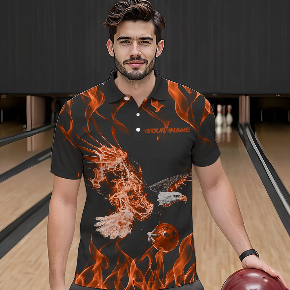 Custom Black And Orange Flame Eagle Bowling Team Men Polo Shirts, Eagle Bowling League Shirt IPHW8792