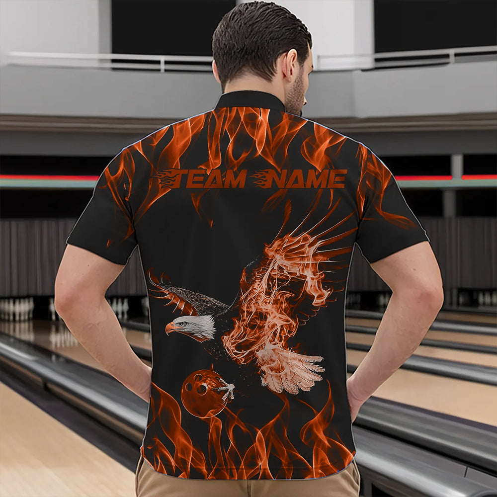 Custom Black And Orange Flame Eagle Bowling Team Men Quarter-Zip Shirts, Eagle Bowling League Shirt IPHW8792
