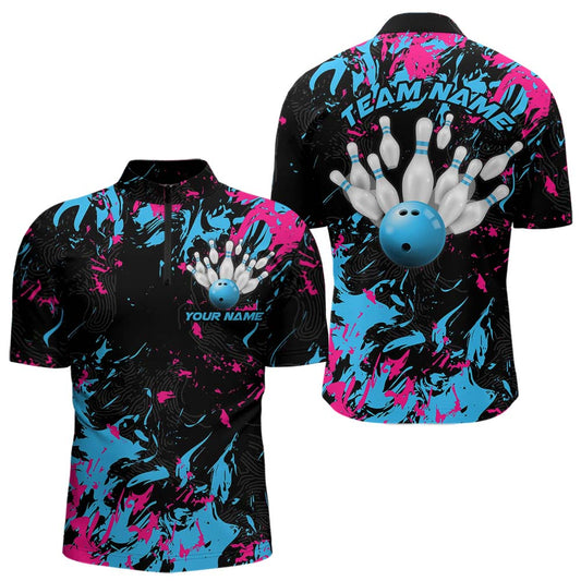 Black, Blue And Pink Custom Bowling Team Men Quarter-Zip Shirts, Bowling Ball And Pin Jerseys IPHW8795