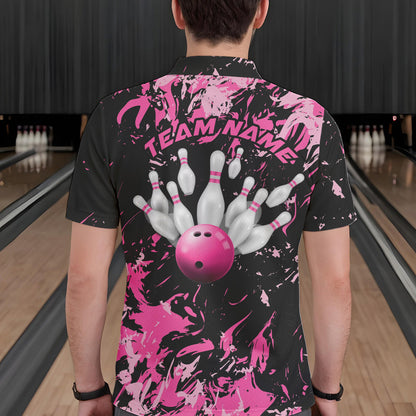 Black And Pink Custom Bowling Team Men Polo Shirts, Bowling Ball And Pin Bowling Jerseys IPHW8798