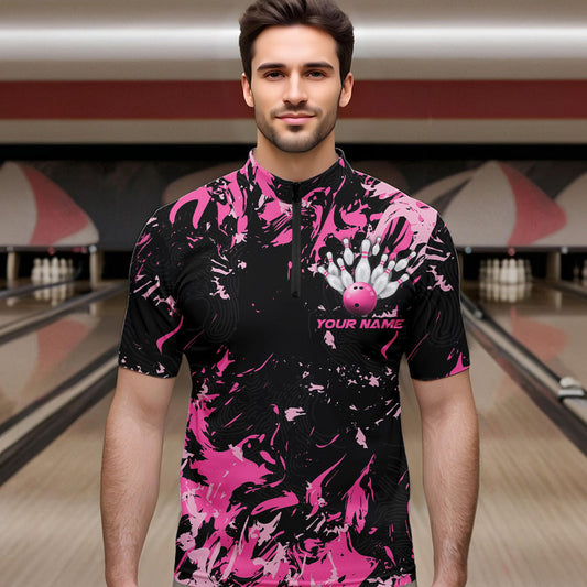 Black And Pink Custom Bowling Team Men Quarter-Zip Shirts, Bowling Ball And Pin Bowling Jerseys IPHW8798