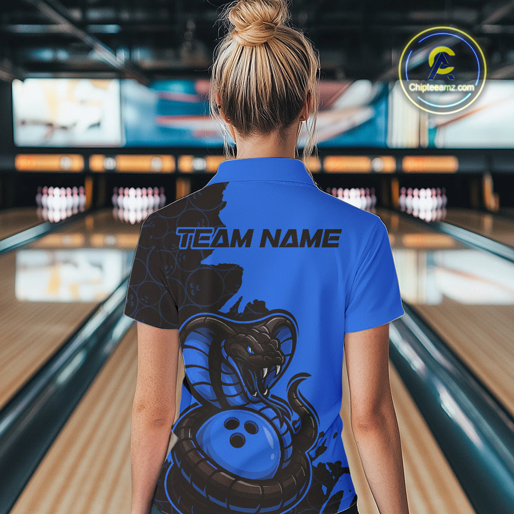 Custom Black And Blue Cobra Snake Bowling Women Quarter-Zip Shirts Team Uniform IPHW9031