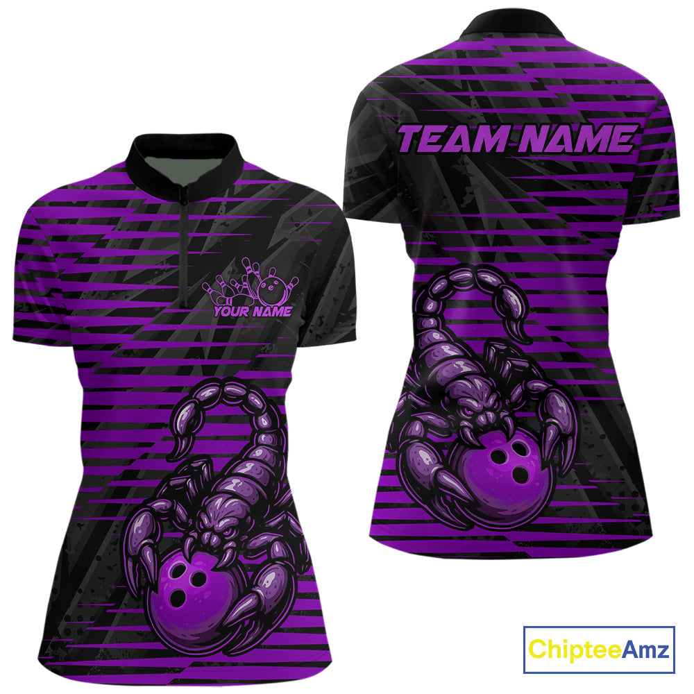 Custom Black And Purple Scorpion Bowling Women Quarter-Zip Shirt, Bowling League Shirt IPHW9035