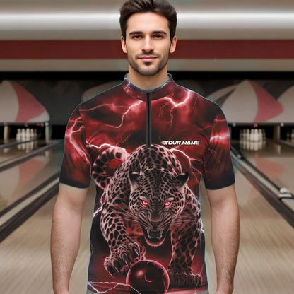 Red Thunder Lightning Custom Leopard Bowling Quarter-Zip Shirts For Men, Bowling League Shirt IPHW8321