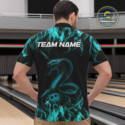 Custom Black And Blue Flame Cobra Snake Bowling Men Quarter-Zip Shirts, Bowling League Shirt IPHW9042